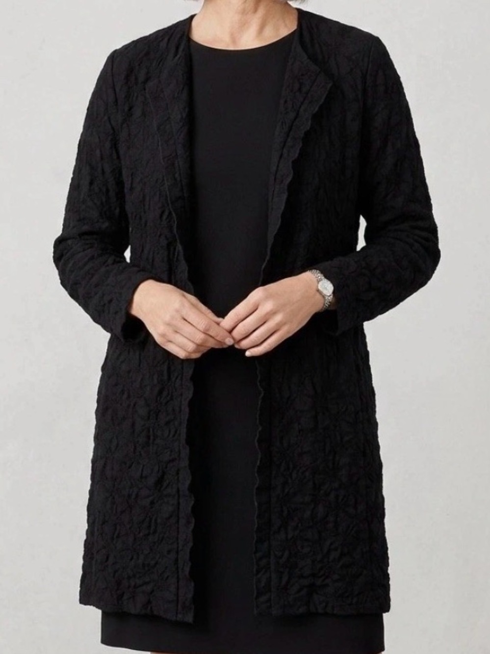 Eileen Fisher Wool Black Textured Long Jacket Coat Medium Office Quiet Luxury